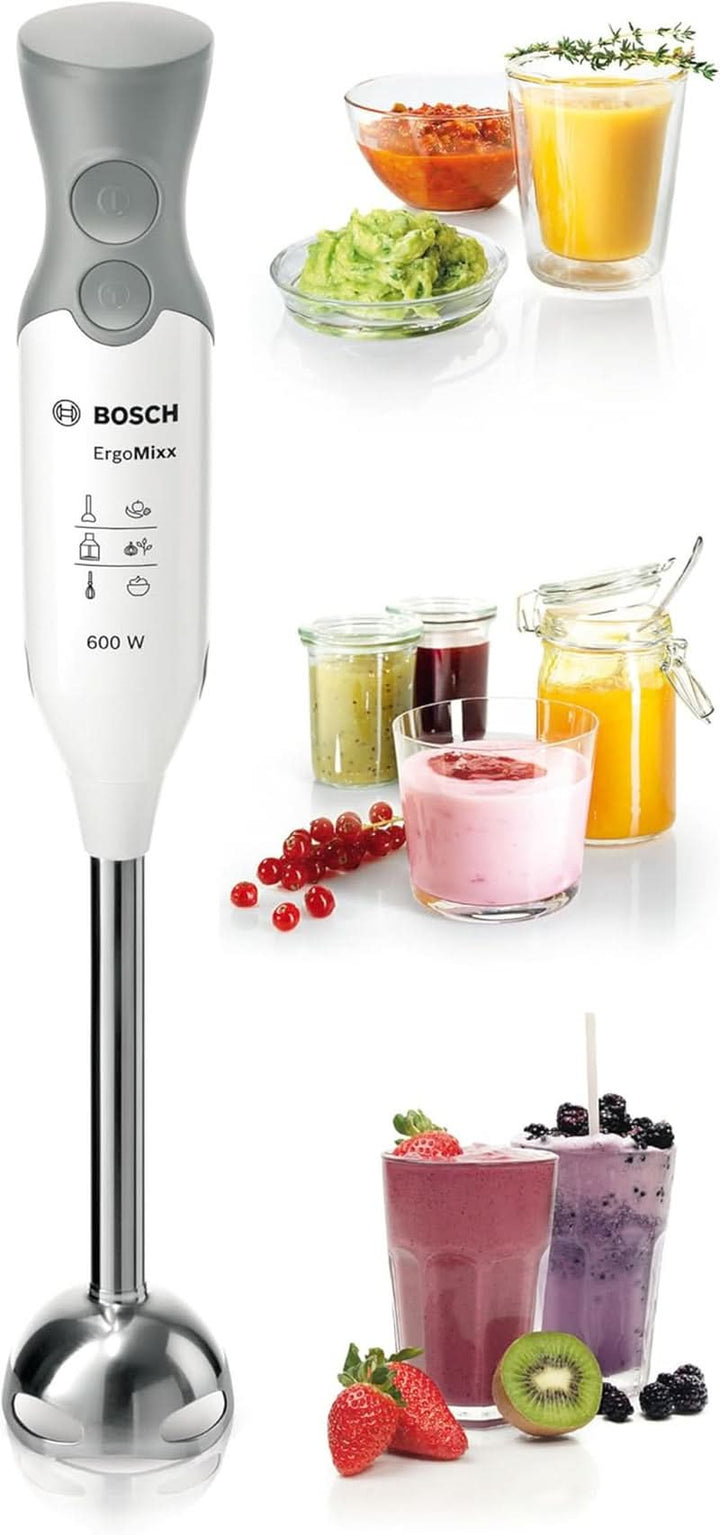 Bosch Stabmixer Ergomixx MSM66110, Edelstahl-Mixfuß, Mix- Und Messbecher, 2 Geschwindigkeitsstufen, Leichtes Gehäuse, 4-Klingen-Messer, Einfache Reinigung, 600 W, Weiß/Grau