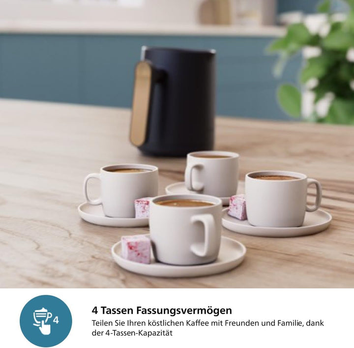 Cafetieră turcească Philips seria 5000 - funcție de preparare lentă, capacitate de 4 căni, protecție la supraîncălzire și revărsare, indicator de pregătire, butoane Easy Touch, oprire automată (HDA150/60)