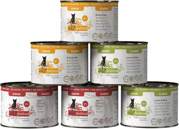 Hrană umedă pentru pisici Catz Finefood Senior Collection - Hrană umedă premium pentru pisica dumneavoastră senior - fără cereale, fără zahăr, conținut ridicat de carne, vitamine și minerale (cutie 6 X 200G)
