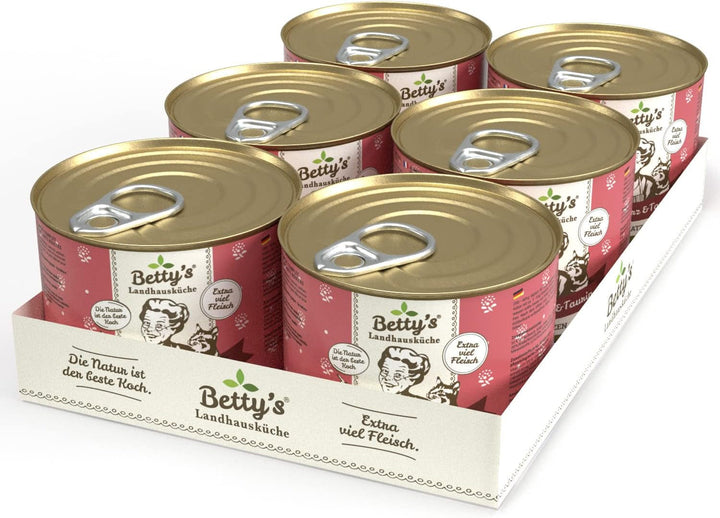 Betty'S Landhausküche cutie de hrană umedă pentru pisici, Fără cereale, Cea mai bună calitate, Carne de înaltă calitate, Gently cooked, Potrivit pentru toate rasele de pisici, Pui și fazan cu ulei de borangic 6 X 200 G