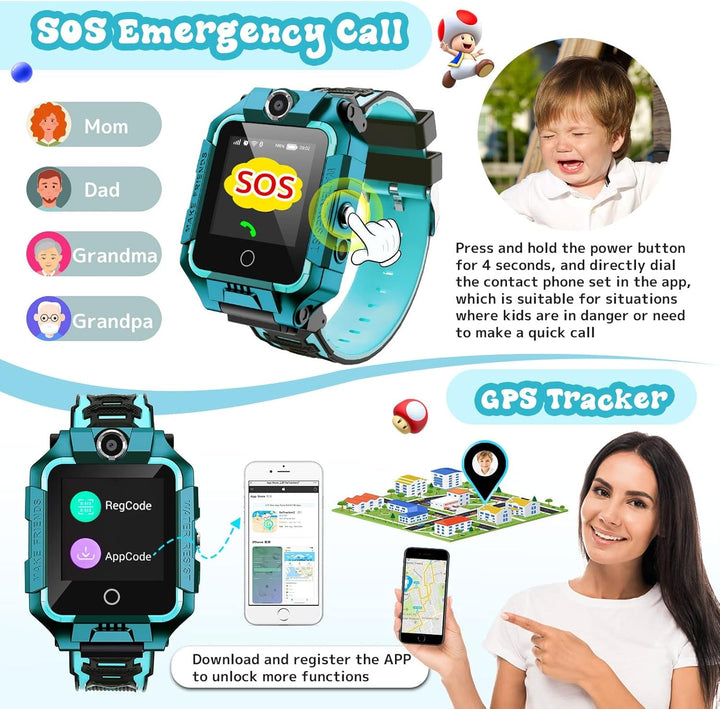 LiveGo Kids Smartwatch 4G, rezistent la apă și sigur Smartwatch Phone cu 360° Rotatable, GPS Tracker, Apel SOS Camera WiFi, 3-12 ani Elevii cadou de ziua de naștere (T10 Cyan01)