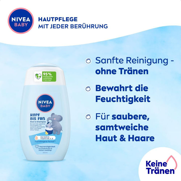 NIVEA BABY head to toe bath & shampoo, șampon blând vegan pentru copii pentru piele și păr cu ulei de migdale, gel de duș relaxant cu formulă hipoalergenică fără parabeni și microplastice (200 ml)