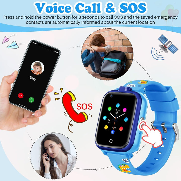 4G smartwatch pentru copii cu cartela SIM, GPS tracker, mai multe stiluri de desktop pentru a alege de la, apeluri bidirecționale, SOS, Wi-Fi, touchscreen rezistent la apă pentru 4-12 băieți și fete (T13 Blue)