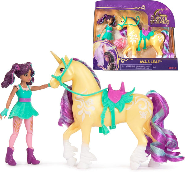 Unicorn Academy AVA și Unicorn Leaf Set - Figurine originale de aproximativ 12 cm înălțime din popularul serial Netflix Cu două accesorii și perii de păr Pentru jocuri de rol imaginative, pentru copii cu vârsta de 4 ani și peste