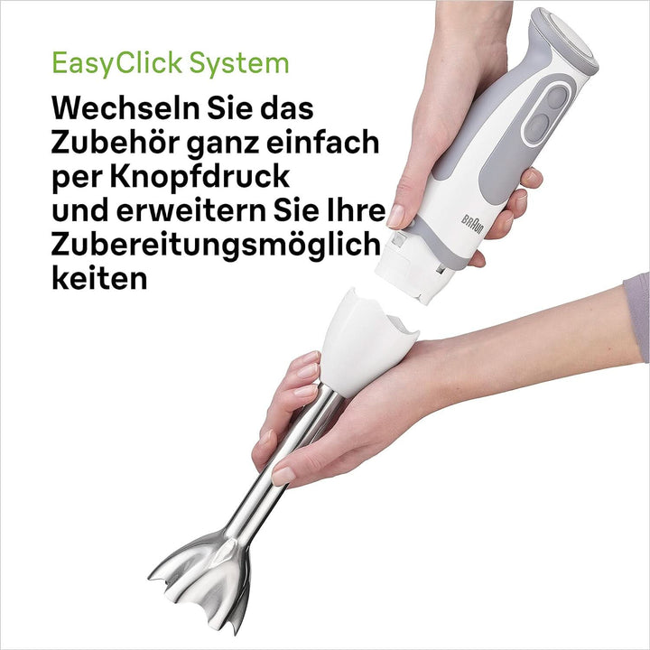 Braun Stabmixer MQ 5200WH - Multiquick 5 Vario Pürierstab Mit Edelstahl Mixfuß, 1000 Watt, Inkl. 600 Ml Mix- & Messbecher, Weiß/Grau