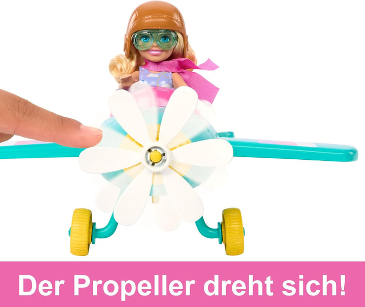 Barbie Chelsea Plane Doll And Playset - păpușă pilot, avion, mâner și accesorii pentru povești, roți de rulare și elice cu picior de floare, vârsta 3+, HTK38