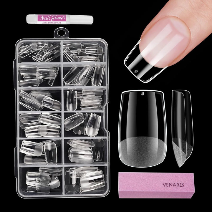 Tipuri de unghii pentru unghii cu gel, set 120 bucăți unghii artificiale scurte, culoare migdale, 11 dimensiuni unghii cu gel, tipuri de unghii cu lipici, bloc de buffer pentru unghii
