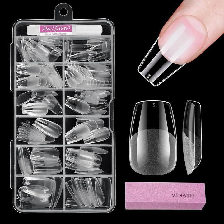 Tipuri de unghii pentru unghii cu gel, set 120 bucăți unghii artificiale scurte, culoare migdale, 11 dimensiuni unghii cu gel, tipuri de unghii cu lipici, bloc de buffer pentru unghii