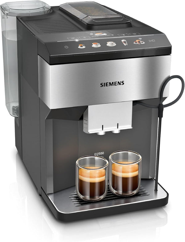 Espressor complet automat Siemens EQ500 TP516DX3, multe specialități de cafea, spumator de lapte, recipient integrat pentru lapte, funcție dublă de ceașcă, curățare automată cu abur, oțel inoxidabil negru