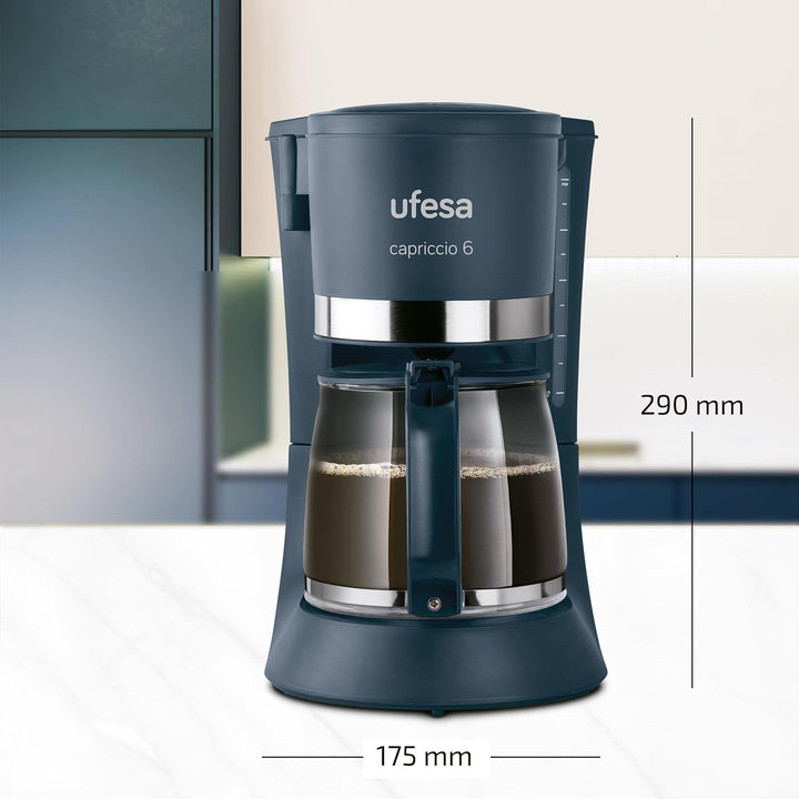 Espressor Ufesa CG7114 Capriccio Drip, 6 cești, 600W, carafă 0.6L, sistem anti-picurare, oprire automată, albastru