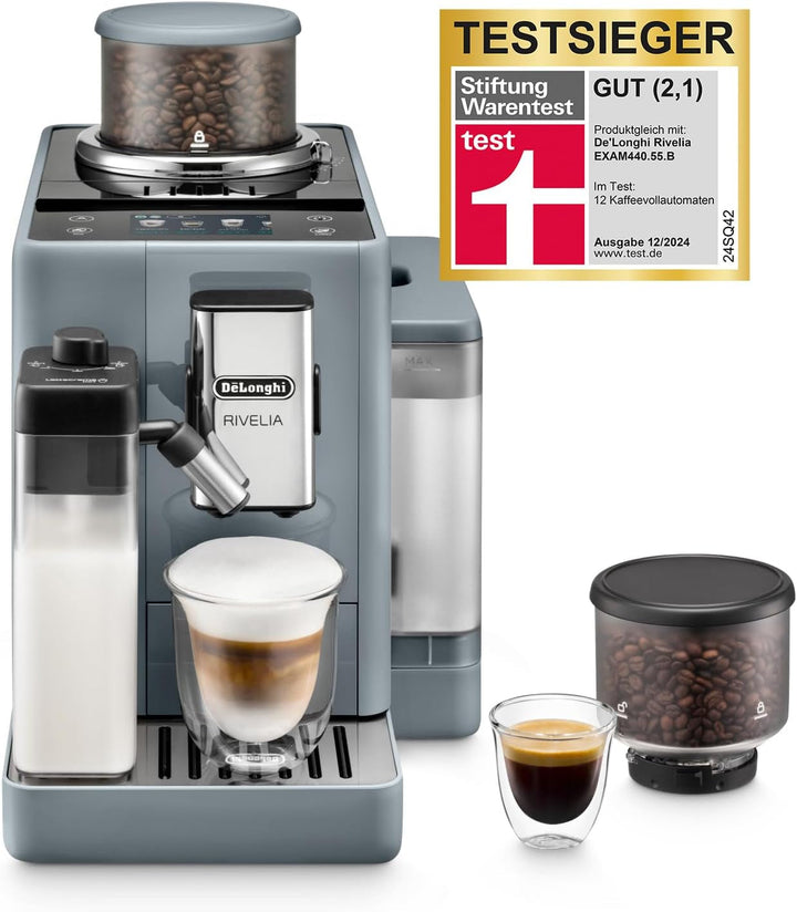 De'Longhi Rivelia EXAM440.55.W Aparat de cafea complet automat Cu sistem de lapte Lattecrema, container de boabe interschimbabil, 16 băuturi de cafea și lapte la apăsarea unui buton, funcție extra shot, ecran tactil de 3,5", alb