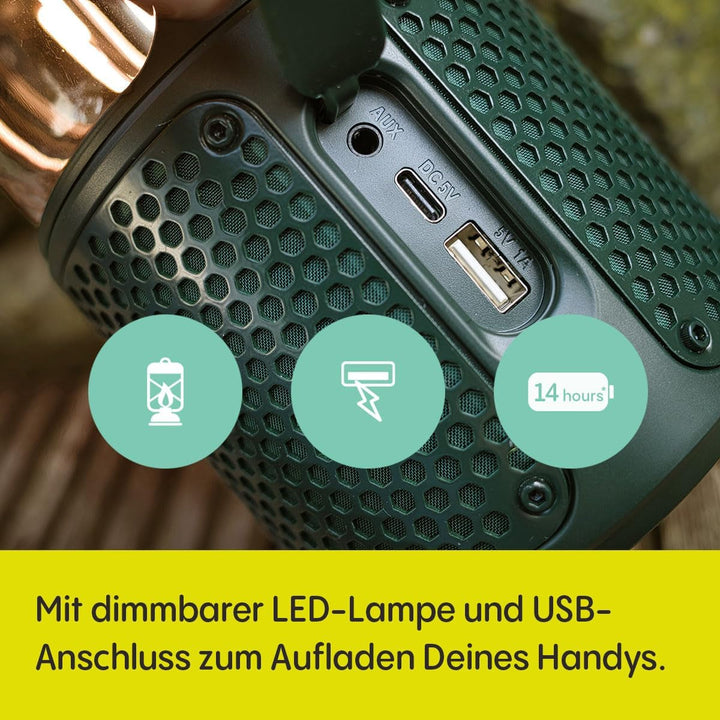 Difuzor de exterior Pure Woodland Glow cu lampă cu leduri (Bluetooth 5.3, sunet 360°, IPX6, portabil, baterie 14H - perfect pentru grădină și camping) Verde