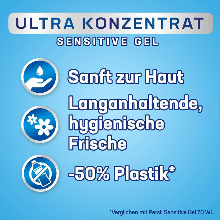 Persil Ultra Concentrate Sensitive Gel (130 de spălări), Detergent lichid pentru alergici și bebeluși într-o sticlă mai mică pentru mai puțin plastic, Îndepărtează petele dificile, Testat dermatologic