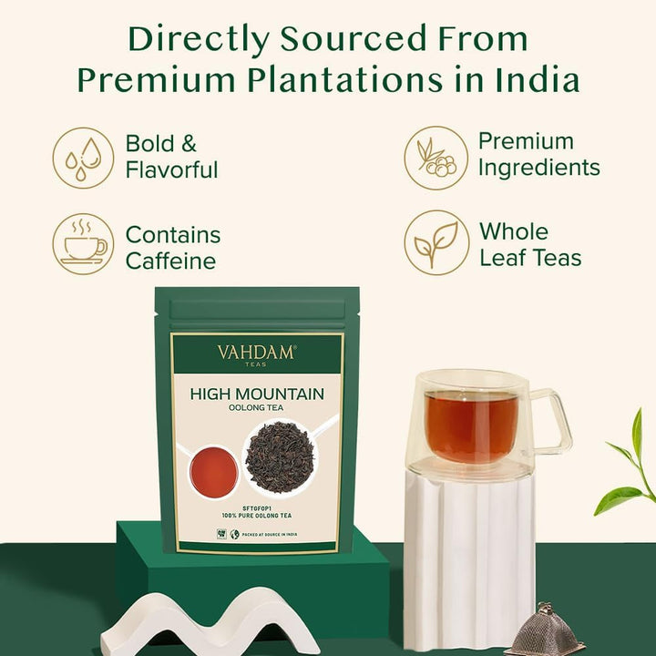 VAHDAM, ceai Oolong de munte (100 g) Cules manual în plantațiile de altitudine din Darjeeling | Frunze de ceai Oolong 100% naturale | Direct de la sursă din India | Se prepară ca ceai fierbinte/rece