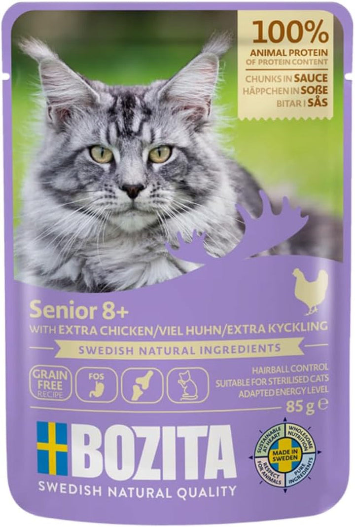Bozita Pouch Mărunțișuri de hrană umedă în sos cu curcan - 12X85G Portion Pouch Hrană fără cereale și fără grâu pentru pisici - Hrană umedă pentru pisici adulte cu un conținut de 8,5% proteine și 4,5% grăsimi