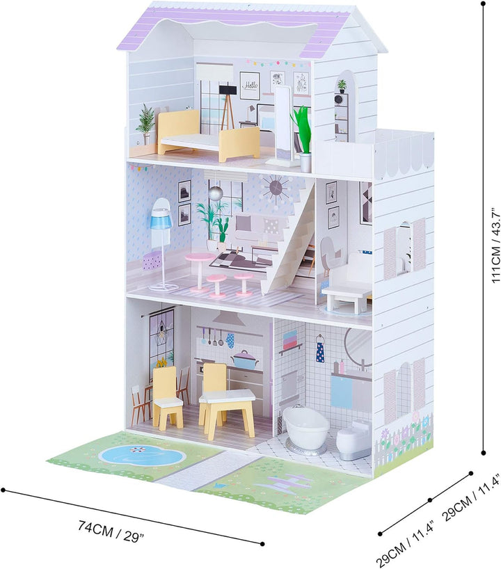 Teamson Kids Olivias Little World Giant Doll House cu 16 accesorii pentru păpuși, casă de păpuși din lemn cu mobilier, cu 3 etaje, casă de păpuși pentru copii pentru păpuși de 12 inci/30 cm, vârsta 3 ani+