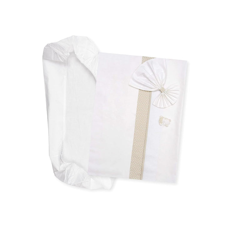 Set de lenjerie de pat Carrycot alb și roz, format din 1 cearșaf cu colțuri, 1 cearșaf de sus cu panglică Aida pentru broderie și 1 față de pernă, 100% bumbac, Made in Italy