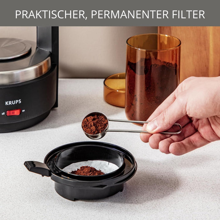 Cafetiera cu filtru Krups T8, 850 Watt, Oprire automată, 8-12 cești, Capacitate 1 litru, Filtru permanent, Comutator on/off iluminat, Ușor de utilizat, Negru, KM4689