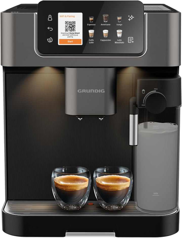 Espressor GRUNDIG KVA 6230 complet automat cu spumator de lapte, râșniță din oțel inoxidabil cu 13 niveluri de măcinare, recipient boabe de 250 g, rezervor de apă detașabil de 2 litri, presiune pompă 19 bar, ecran tactil, negru