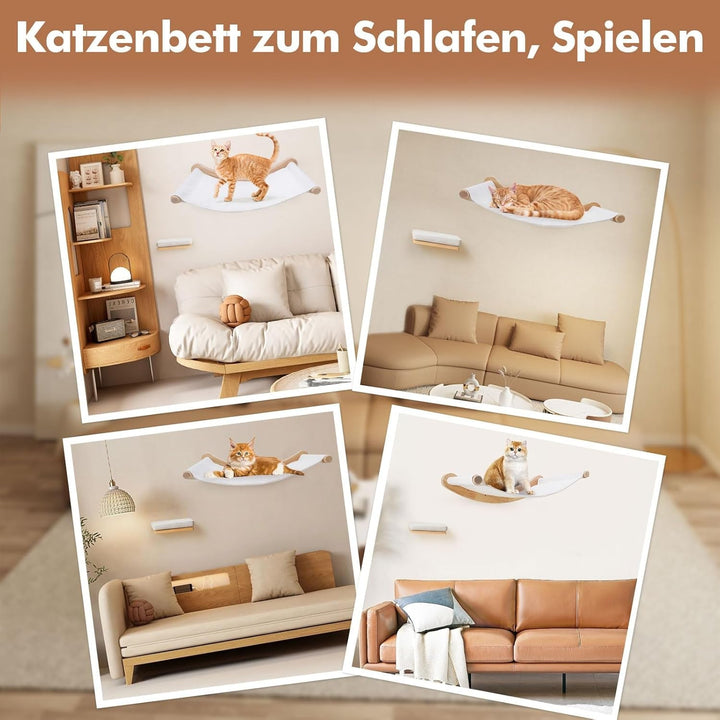 Suport de perete pentru hamac pentru pisici, set de perete de cățărat din lemn masiv cu scări pentru pisici - Pat stabil pentru pisici, mobilier pentru pisici care economisește spațiu, pentru dormit, cățărat și odihnă (Hamac pentru pisici)