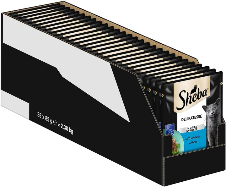 SHEBA săculeți hrană umedă pentru pisici delicatesă în jeleu cu ton Msc certified 28 X 85G