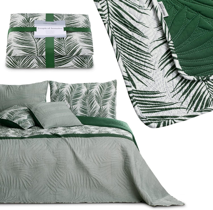 Ameliahome Cuvertură de pat Cuvertură de pat 170X210 Cm Două fețe Ușor de îngrijit Cuvertură de pat Model de plante Verde Alb Tropical Bonaire Paturi si Cuverturi Besuche den AmeliaHome-Store