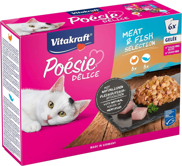 Vitakraft Poésie Délice, Meat and Fish Selection, hrană umedă pentru pisici, hrană umedă pentru pisici Jelly, cu piept de curcan, cu somon, fără zahăr și cereale adăugate (1 pachet cu 6X 85G)
