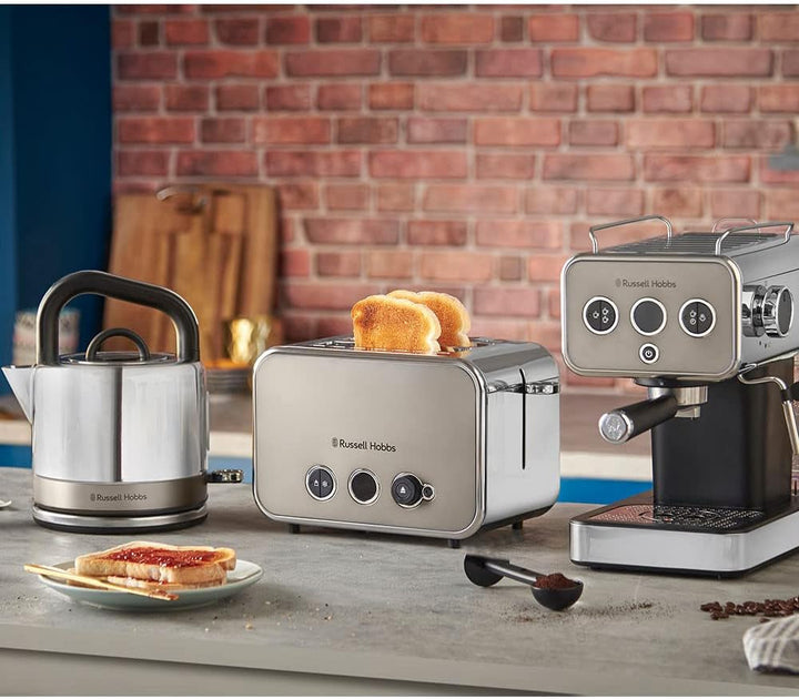 Espressor Russell Hobbs [Portafiltru] Distinction Oțel Inoxidabil Titan (15 bar, inserție pentru 1 și 2 căni, tampoane ESE, dozare automată și opțiune manuală, duză de abur pentru apă fierbinte și spumă de lapte) 26452-56