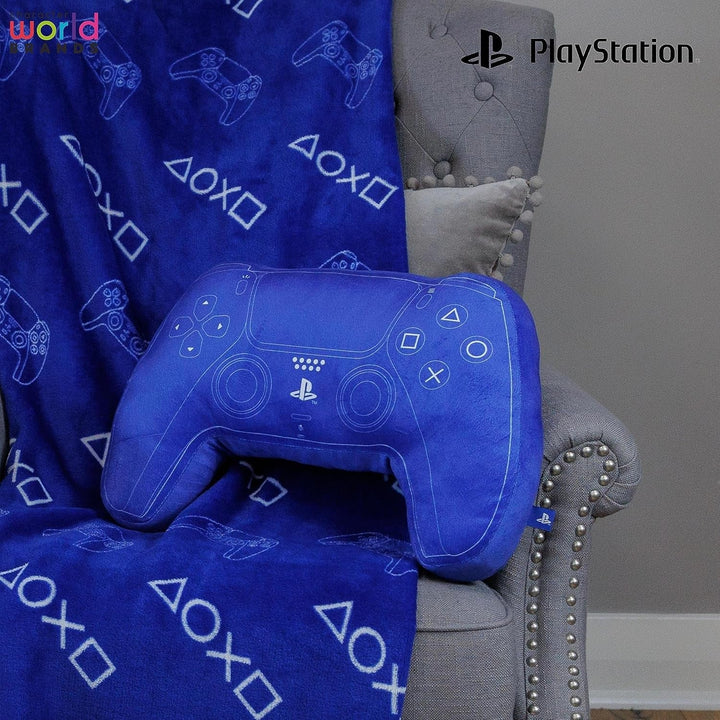 Character World: Pernă licențiată oficial în formă de controler Playstation, design de set de mână, pernă de pluș umplută | Perfect pentru dormitor sau decor de jocuri, albastru