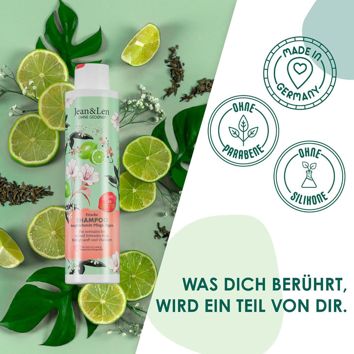 Jean & Len Frische Shampoo Grüner Tee & Limette, Für Normales Bis Schnell Fettendes Haar, Schützt Vor Feuchtigkeitsverlust, Ausgleichende Pflege, Ohne Parabene Und Silikone, Vegan, 300 Ml