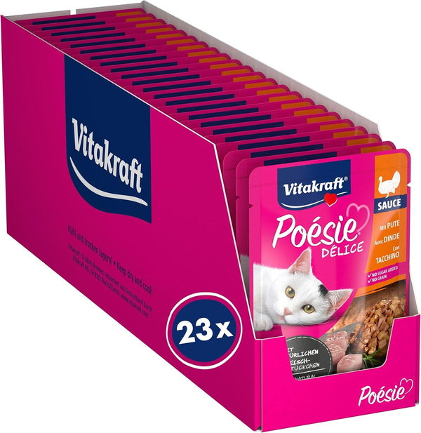 Vitakraft Poésie Délice, hrană umedă pentru pisici, hrană umedă pentru pisici în sos, cu curcan, preambalată, fără adaos de zahăr și cereale (23X 85G)