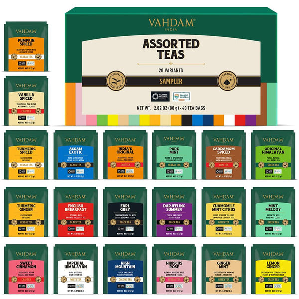 VAHDAM, set de degustare cu sortimente de ceai (20 de arome, 40 bucăți) Ceai negru, ceai verde, ceai din plante, ceaiuri chai și multe altele | Pliculețe de ceai piramidale cu frunze lungi | Cadouri pentru femei și bărbați