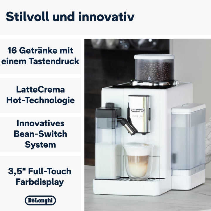 De'Longhi Rivelia EXAM440.55.W Aparat de cafea complet automat Cu sistem de lapte Lattecrema, container de boabe interschimbabil, 16 băuturi de cafea și lapte la apăsarea unui buton, funcție extra shot, ecran tactil de 3,5", alb