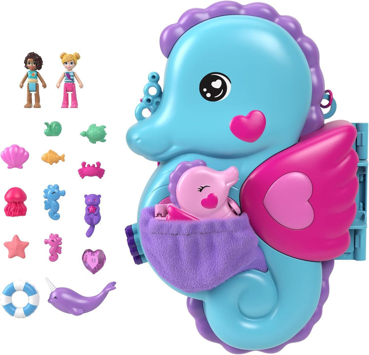 Sicriu Polly Pocket, sac de cochilie pentru înfășurat în jurul temei subacvatice, cu 2 păpuși și 1 submarin, jucărie sirenă Polly Pocket, jucărie de la 4 ani, GNH11