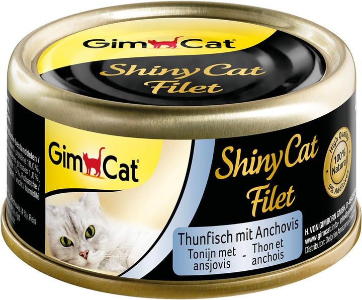 Gimcat Shinycat Fillet Tuna With Salmon - Hrană pentru pisici cu file suculent fără zahăr adăugat pentru pisici adulte - 24 cutii (24 X 70 G)