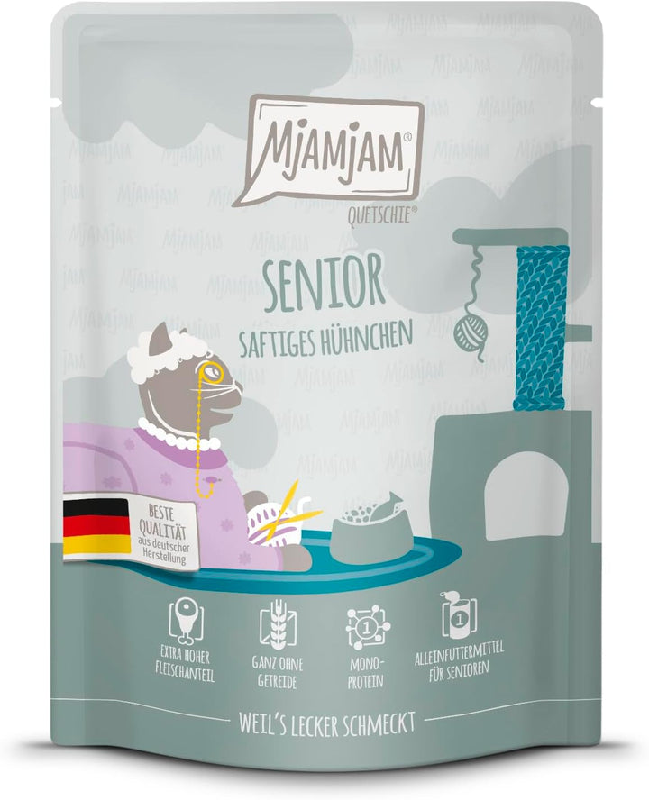 Mjamjam - Hrană umedă premium pentru pisici - Senior - Juicy Chicken, 6Pack (6X800G), fără cereale