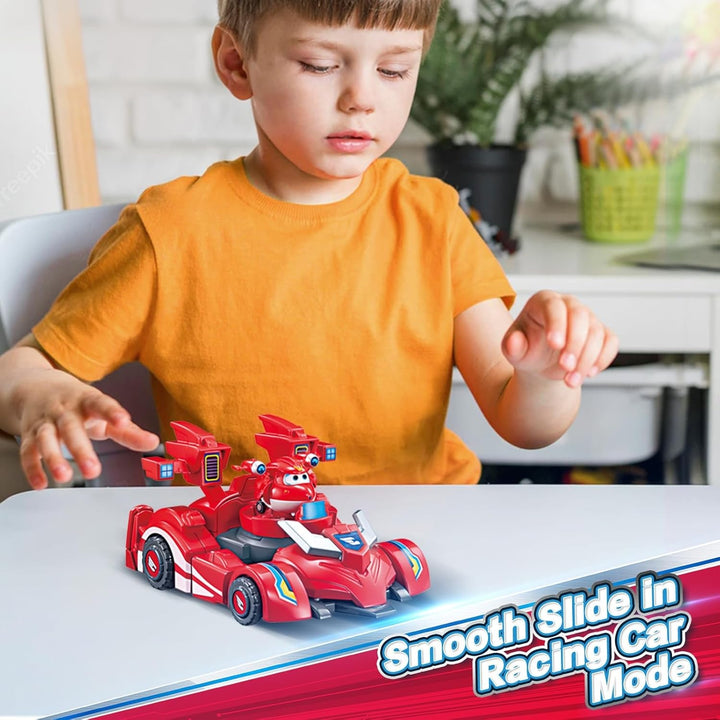 Super Wings EU770351 - Super Robot Suit Jett, aprox. 18 cm înălțime figurină de joacă transformabilă, costum de robot 2 în 1 și super mașină, pentru copii de la 3 ani în sus, Roșu