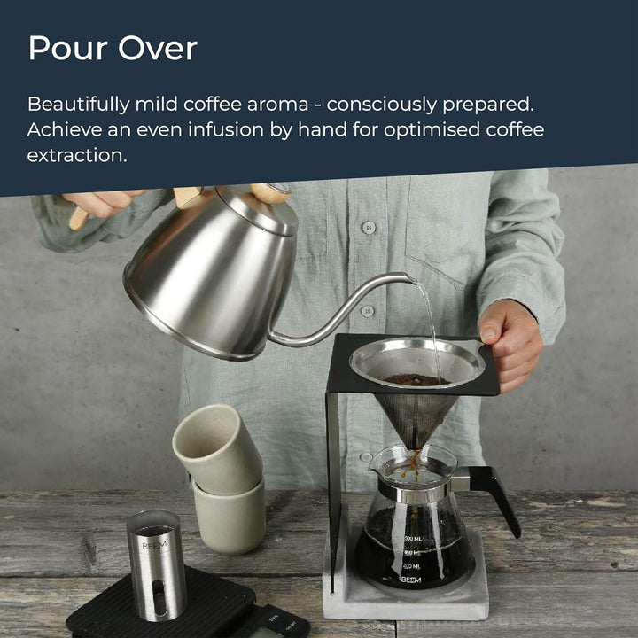 Set cafetieră BEEM Pour Over - 4 cești | Filtru permanent din oțel inoxidabil (mărimea 2), carafă din sticlă de 0,5 l, bază din beton | Preparare manuală a cafelei pentru o aromă deosebit de delicată de cafea