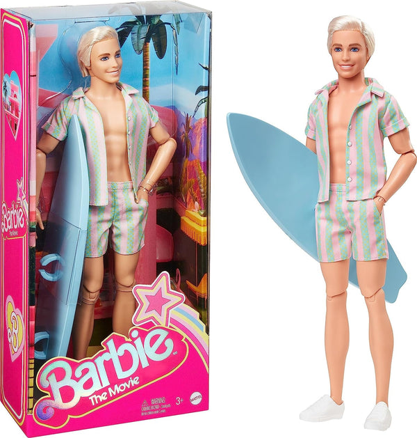 Barbie the Movie - Doll Movies Fans, Ken Doll, păpușă de colecție cu placă de surf și adidași, corp mobil, păr blond platinat, potrivită ca cadou pentru copii de la 3 ani, HPJ97