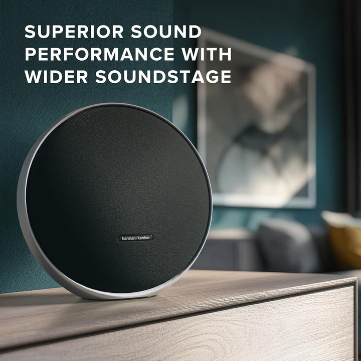Harman Kardon Onyx Studio 9, Difuzor Bluetooth portabil cu conexiune Auracast pentru mai multe difuzoare, auto-tuning adaptiv, port de încărcare USB, autonomie 8 ore, negru