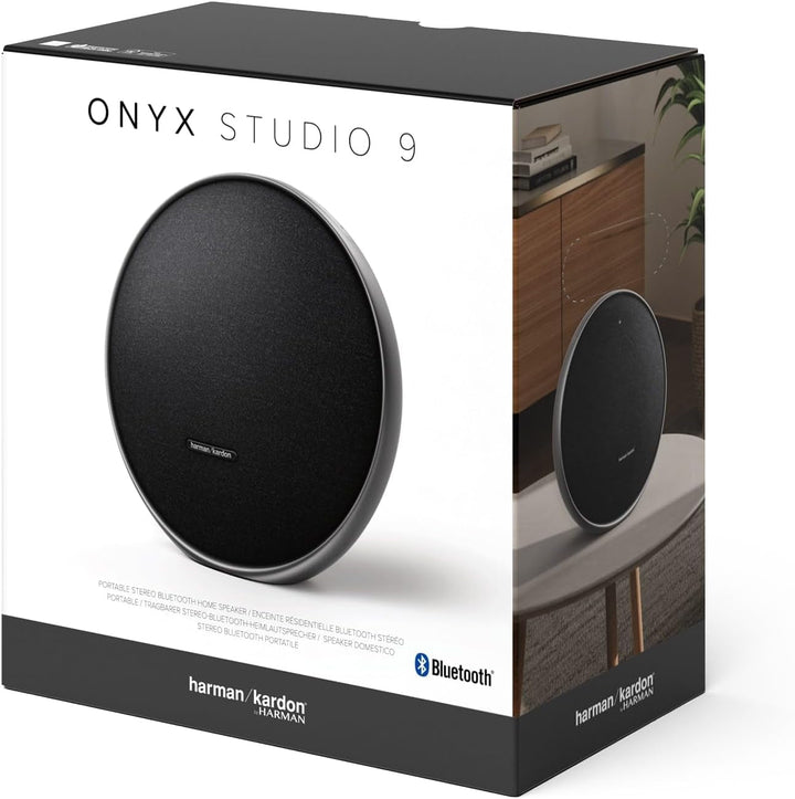 Harman Kardon Onyx Studio 9, Difuzor Bluetooth portabil cu conexiune Auracast pentru mai multe difuzoare, auto-tuning adaptiv, port de încărcare USB, autonomie 8 ore, negru