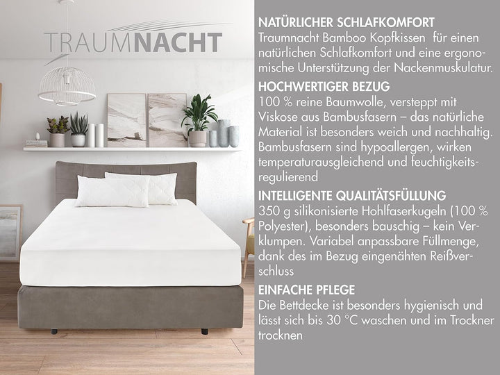 Traumnacht Pernă din bambus cu fibre de bambus, hipoalergenic, antibacterian Set de perne cu fermoar, format din 2 perne 40X80Cm, certificat Oeko-Tex, dezvoltat în Germania