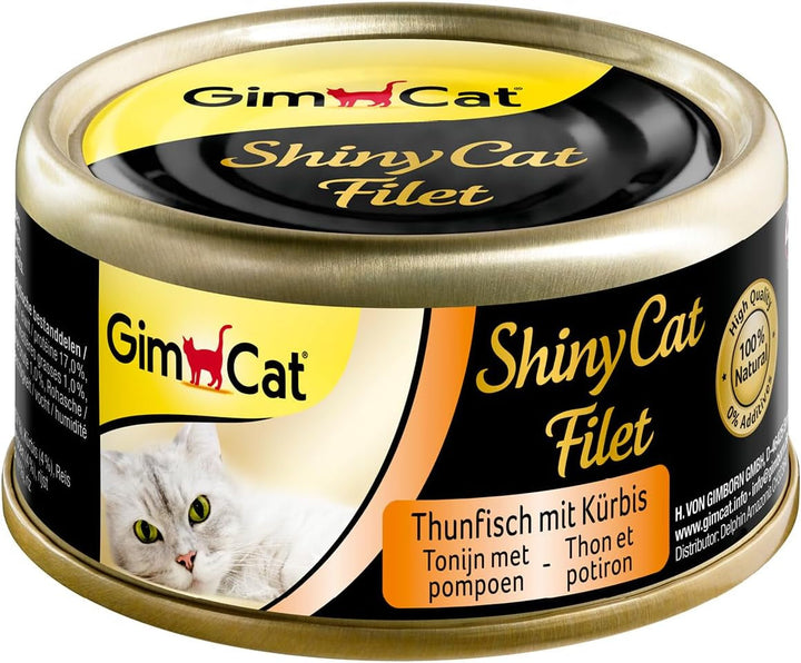 Gimcat Shinycat Fillet Tuna With Salmon - Hrană pentru pisici cu file suculent fără zahăr adăugat pentru pisici adulte - 24 cutii (24 X 70 G)