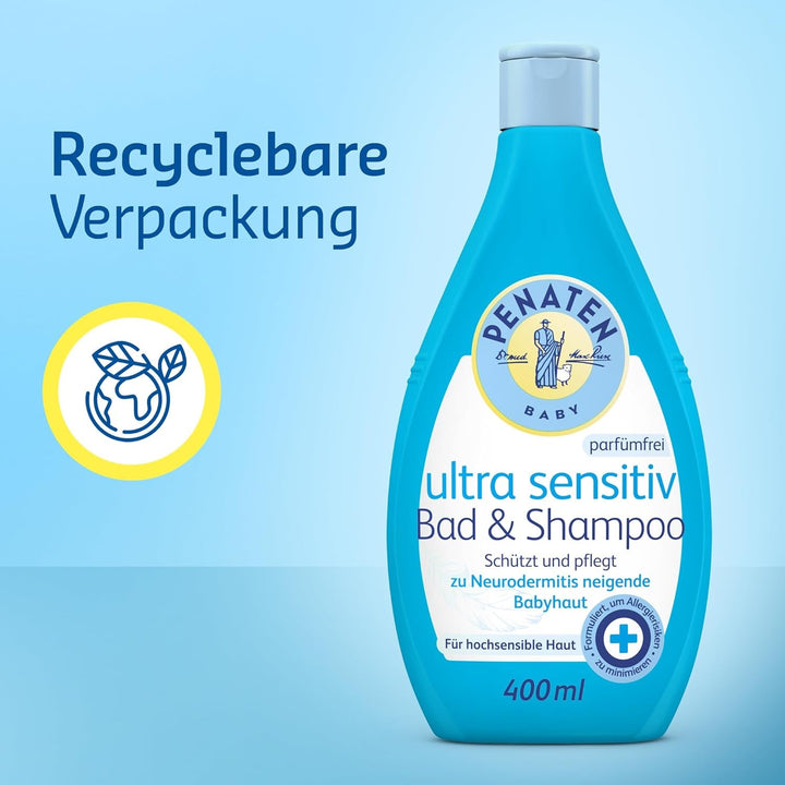 PENATEN Ultra Sensitive Bath & Shampoo (400 ml), baie și șampon pentru bebeluși deosebit de blând pentru pielea foarte sensibilă a bebelușilor predispuși la neurodermatită, gel de duș și șampon de păr fără parfum și coloranți