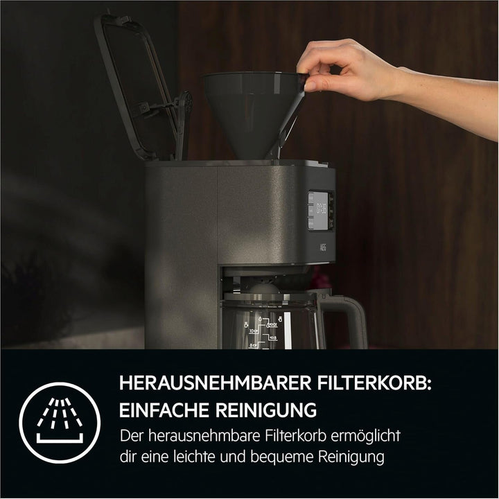 AEG filtru de cafea Deli 5 Cu ulcior de sticlă | 1,25 L | Cronometru programabil | Funcție de menținere la cald | Oprire automată | Indicator nivel apă | 1000 wați | 2-10 cești | Anti-picurare | Antracit | CM5-1-6AN