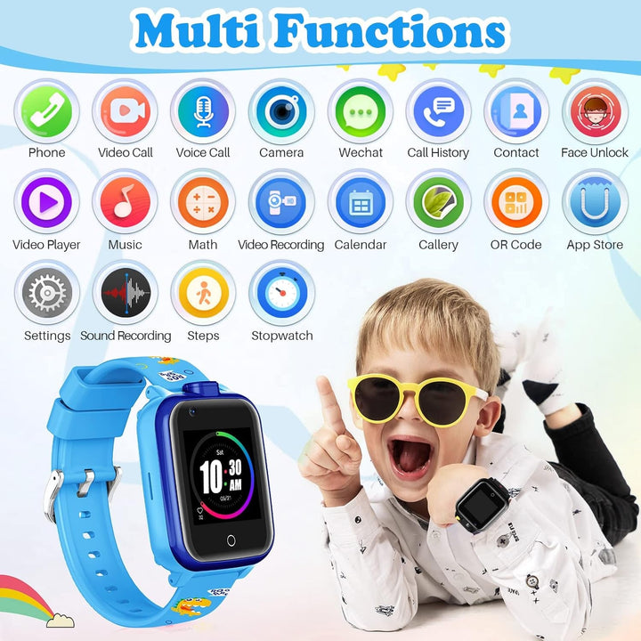 4G smartwatch pentru copii cu cartela SIM, GPS tracker, mai multe stiluri de desktop pentru a alege de la, apeluri bidirecționale, SOS, Wi-Fi, touchscreen rezistent la apă pentru 4-12 băieți și fete (T13 Blue)
