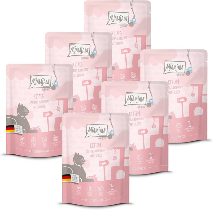 Mjamjam - Hrană umedă premium pentru pisici - Kitten Juicy Chicken cu ulei de somon, pachet de 6 (6 X 200 G), fără cereale, cu extra carne