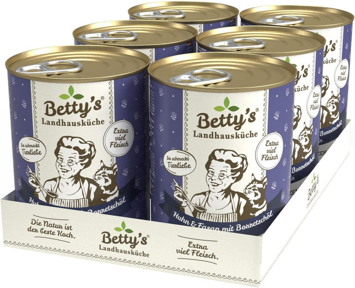 Betty'S Landhausküche cutie de hrană umedă pentru pisici, Fără cereale, Cea mai bună calitate, Carne de înaltă calitate, Gently cooked, Potrivit pentru toate rasele de pisici, Pui și fazan cu ulei de borangic 6 X 200 G