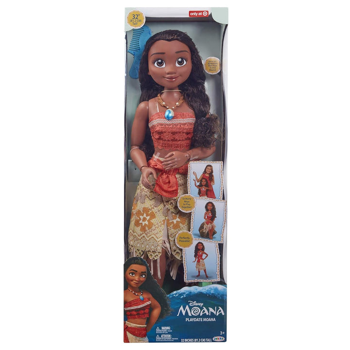 Disney Princess Vaiana, păpușă de joacă înaltă de 80 cm de la Jakks Pacific, păpușă mobilă, cu perie pentru a-și pieptăna buclele ondulate, rochie inspirată de film, colier detașabil cu pandantiv
