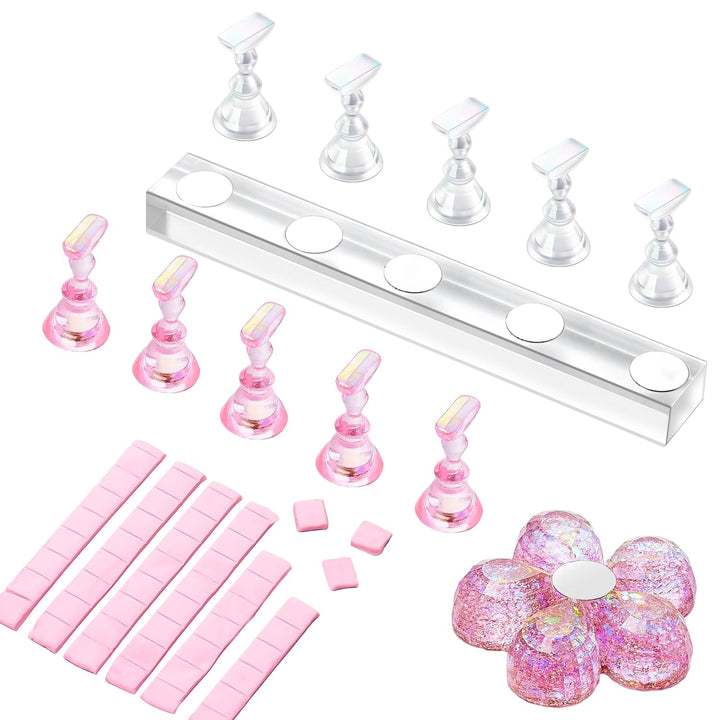 Suport acrilic pentru unghii Makartt, suport pentru unghii magnetic, suport pentru unghii, suport pentru unghii roz transparent, cu 48 de chit adeziv